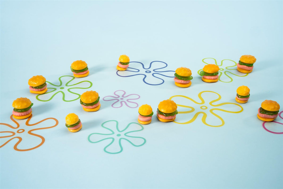 Close-up of Frankford SpongeBob Krabby Patty gummy inside eggs
