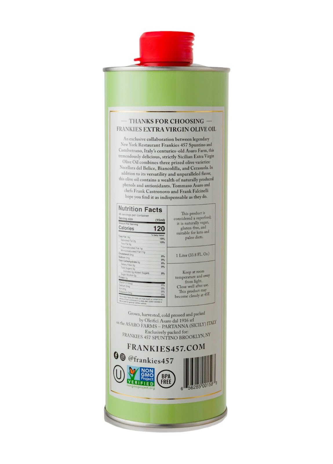 Frankies 457 Everyday EVOO bottle pour, great for everyday cooking and dipping bread.