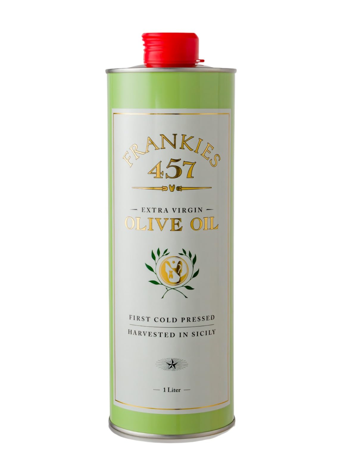 Frankies 457 Everyday EVOO bottle top view, ideal for finishing salads with fruity notes.