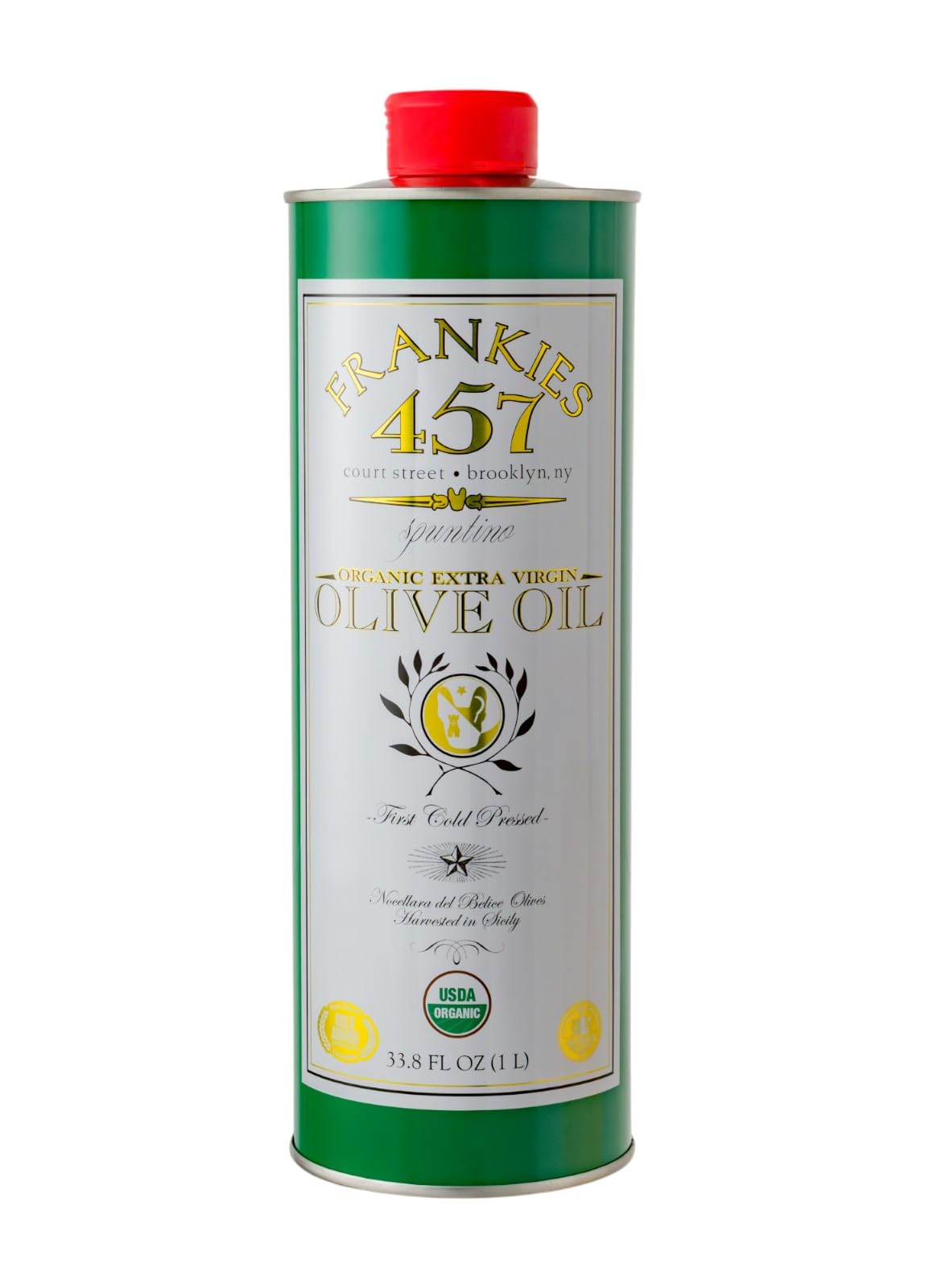 Frankies 457 Organic EVOO bottle ready for drizzling over salads and vegetables.