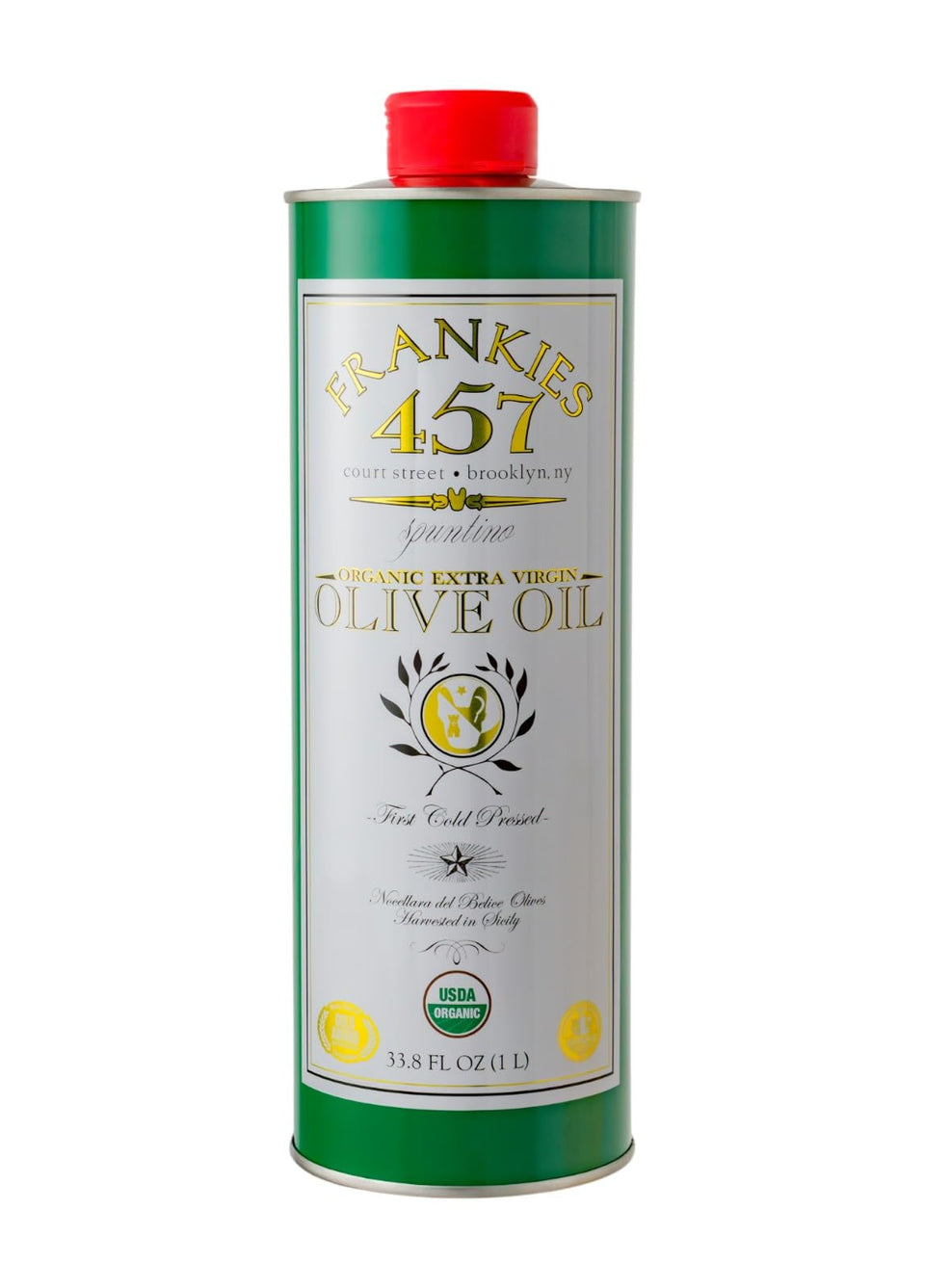 Frankies 457 Organic EVOO bottle ready for drizzling over salads and vegetables.