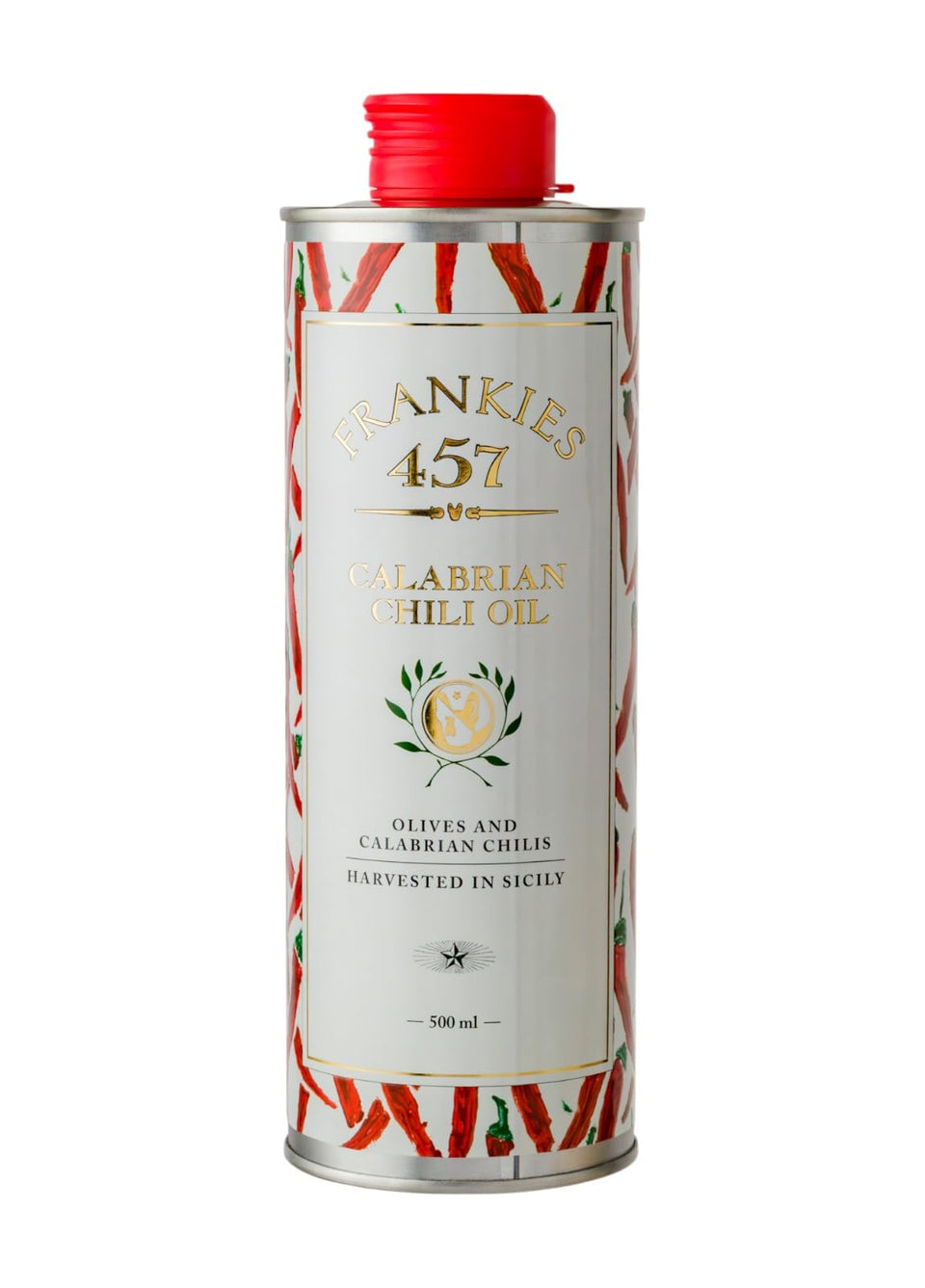 Frankies 457 Spicy Calabrian Chili Oil bottle pour showcases premium EVOO and bold heat for pasta and dressings