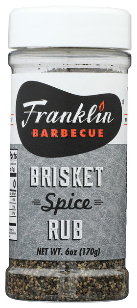 Franklin Barbecue Brisket Spice Rub 6oz bottle – enhances brisket flavor with balanced spice.