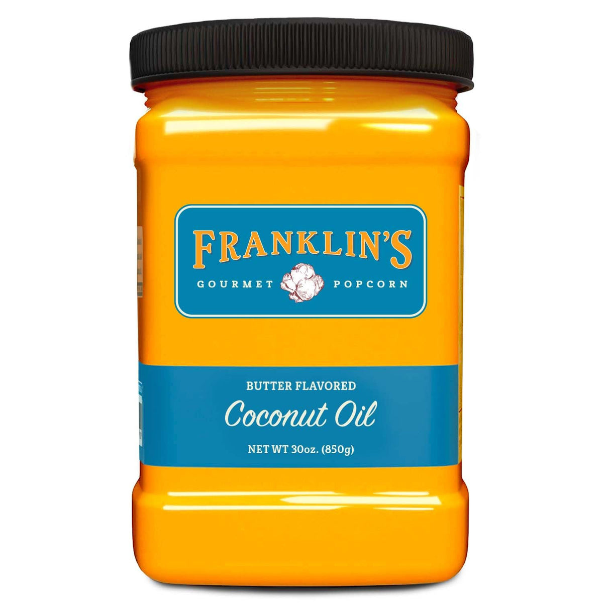 Franklin's Gourmet Popcorn butter-flavored coconut oil bottle for theater-style popcorn at home.