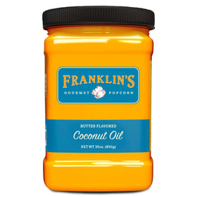 Franklin's Gourmet Popcorn butter-flavored coconut oil bottle for theater-style popcorn at home.
