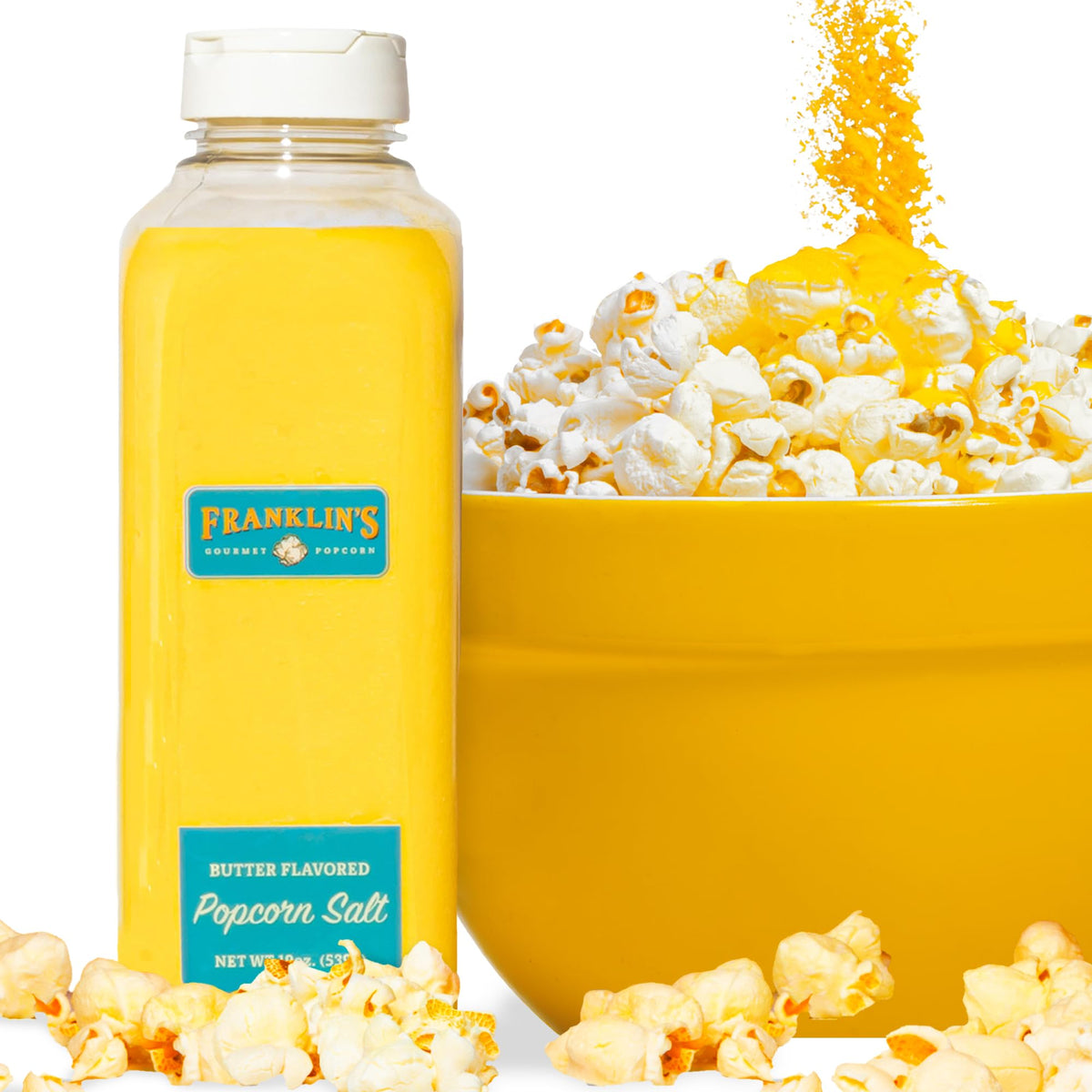 Franklin's Butter Flavored Salt bottle front shows rich theater-style butter flavor for popcorn