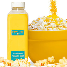 Franklin's Butter Flavored Salt bottle front shows rich theater-style butter flavor for popcorn