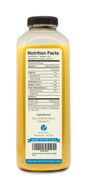 Countertop portrait of Franklin's Butter Flavored Salt packaging and product