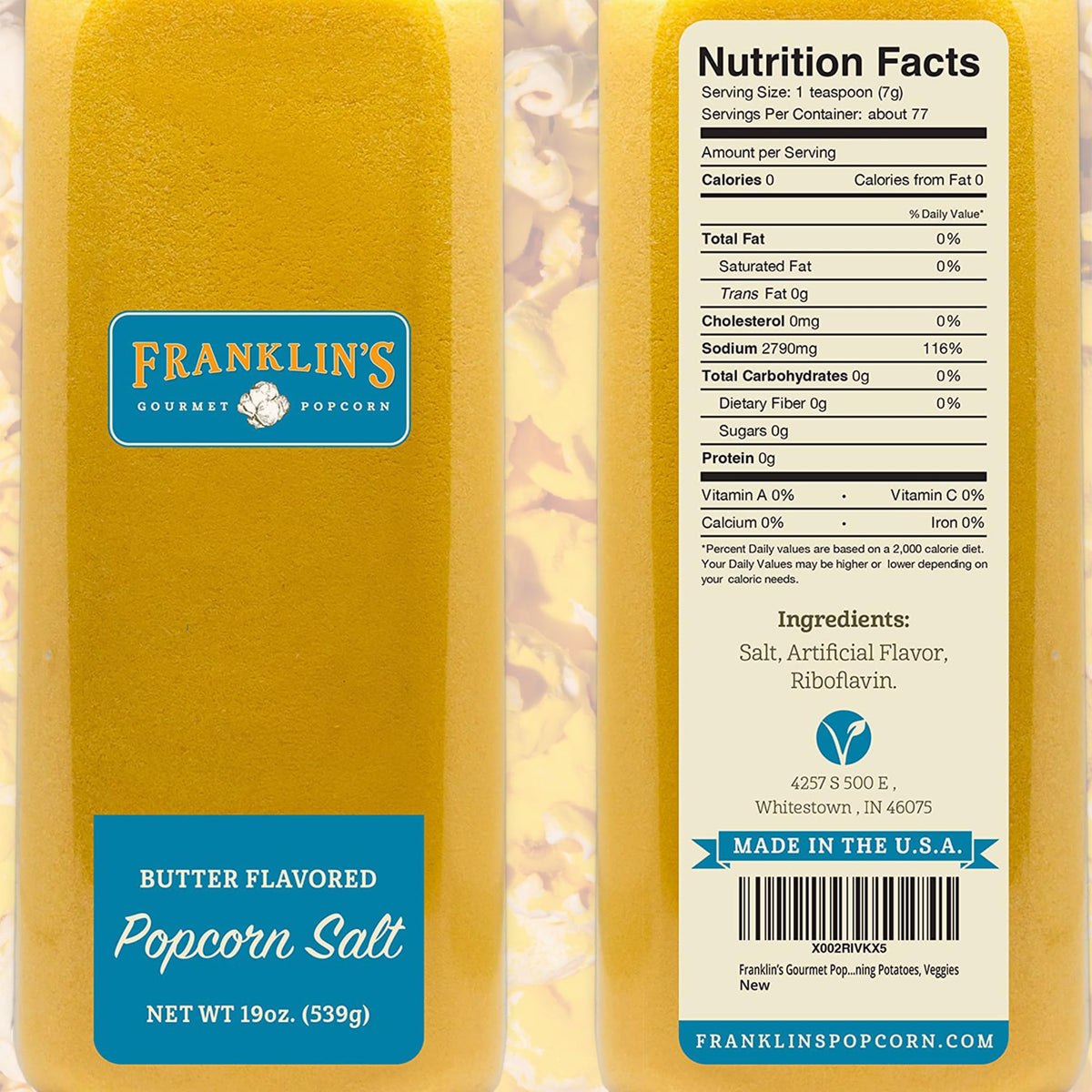 Closeup of Franklin's Butter Flavored Salt label highlighting vegan and kosher features