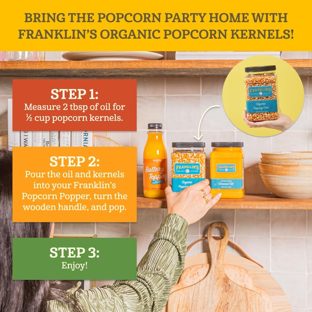 Franklin's Gourmet Popcorn fluffy, movie-theater style popcorn ready to enjoy.