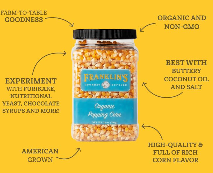 Franklin's Gourmet Popcorn kernel pouring into a stovetop popper for easy at-home popping.