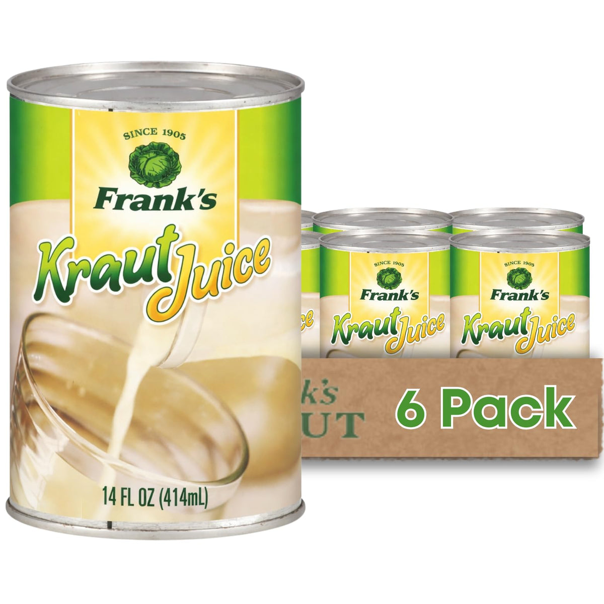 Frank's Kraut Juice 14oz can displaying tangy flavor ideal for sipping or cooking.