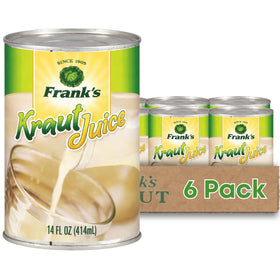 Frank's Kraut Juice 14oz can displaying tangy flavor ideal for sipping or cooking.