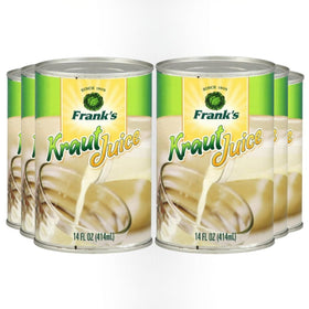 Frank's Kraut Juice 6-pack on display, shelf-stable and ready to elevate recipes.