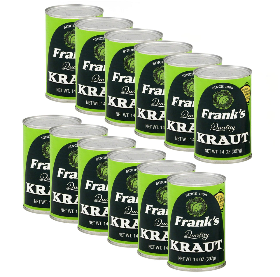 Frank's Quality Kraut 14oz can pack: ready-to-serve tangy flavor for family meals.