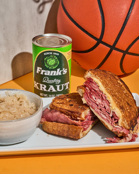 Frank's Kraut brat burger plate: versatile flavor enhancer for grills.