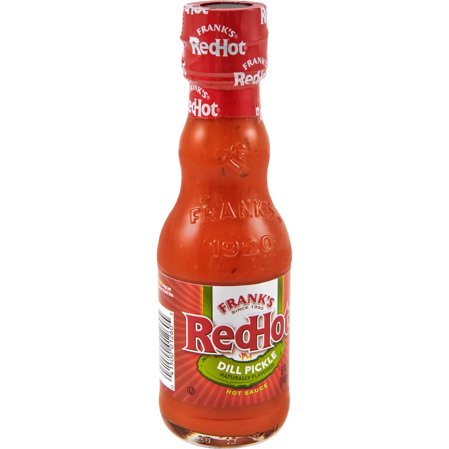 Frank's RedHot Dill Pickle Hot Sauce bottle showing dill flavor on label