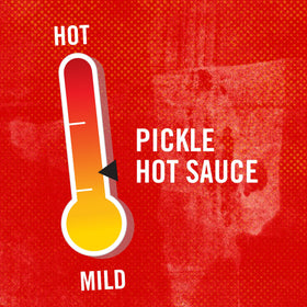 Pouring Frank's RedHot Dill Pickle Hot Sauce to spice snacks