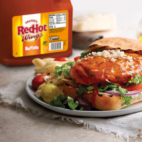 Label close-up showing gluten-free and kosher notes on Frank's RedHot sauce