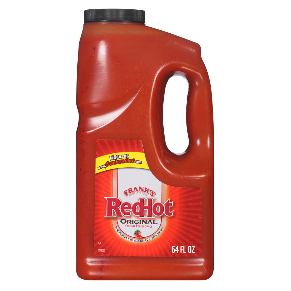 Franks RedHot Original Cayenne sauce bottle 64oz ready for wings and burgers.