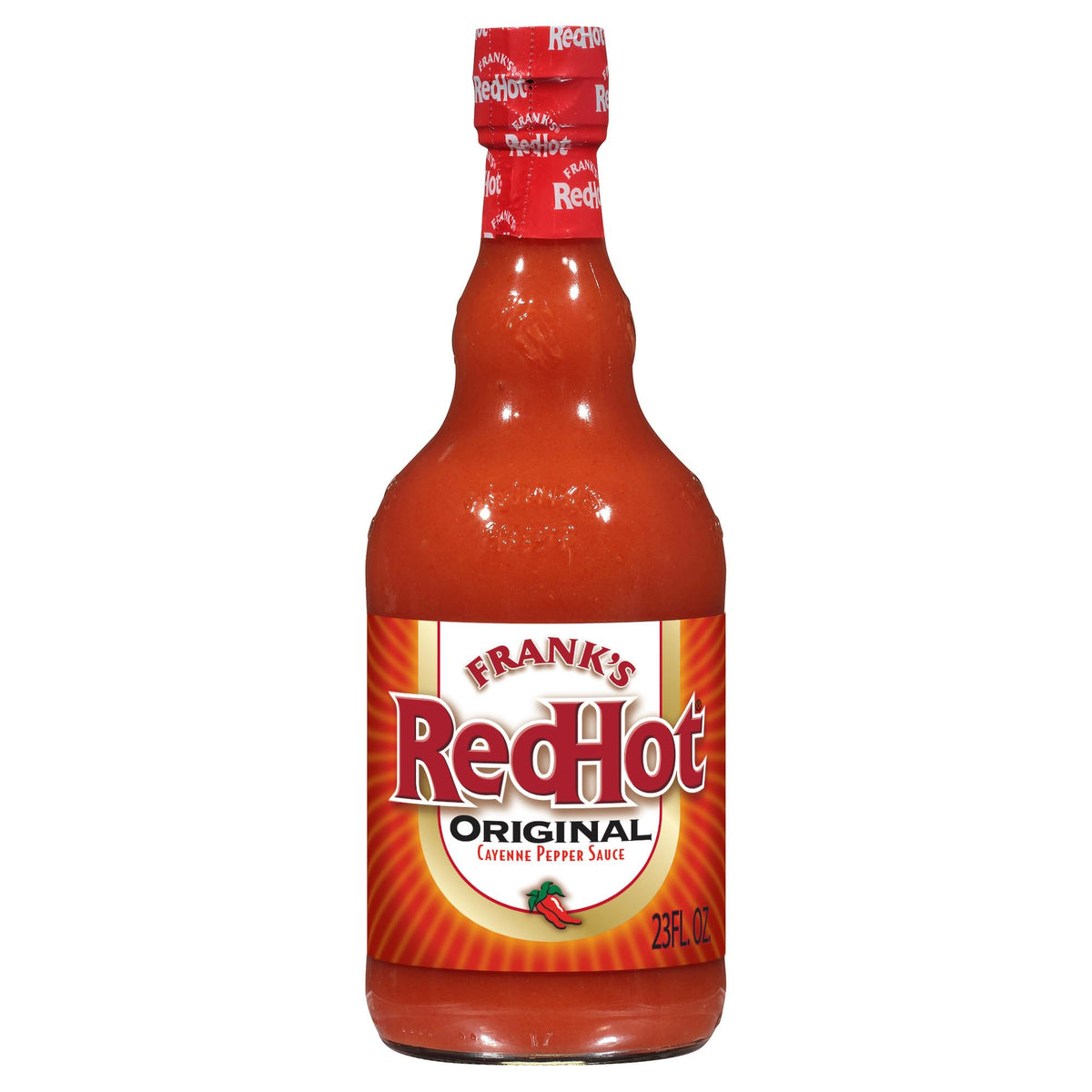 Frank's RedHot Original Cayenne Sauce bottle on shelf boosts wings with bold heat