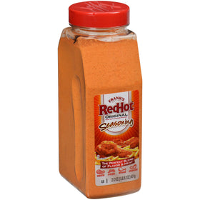Franks RedHot Original Seasoning bottle close-up highlights bold Buffalo flavor.