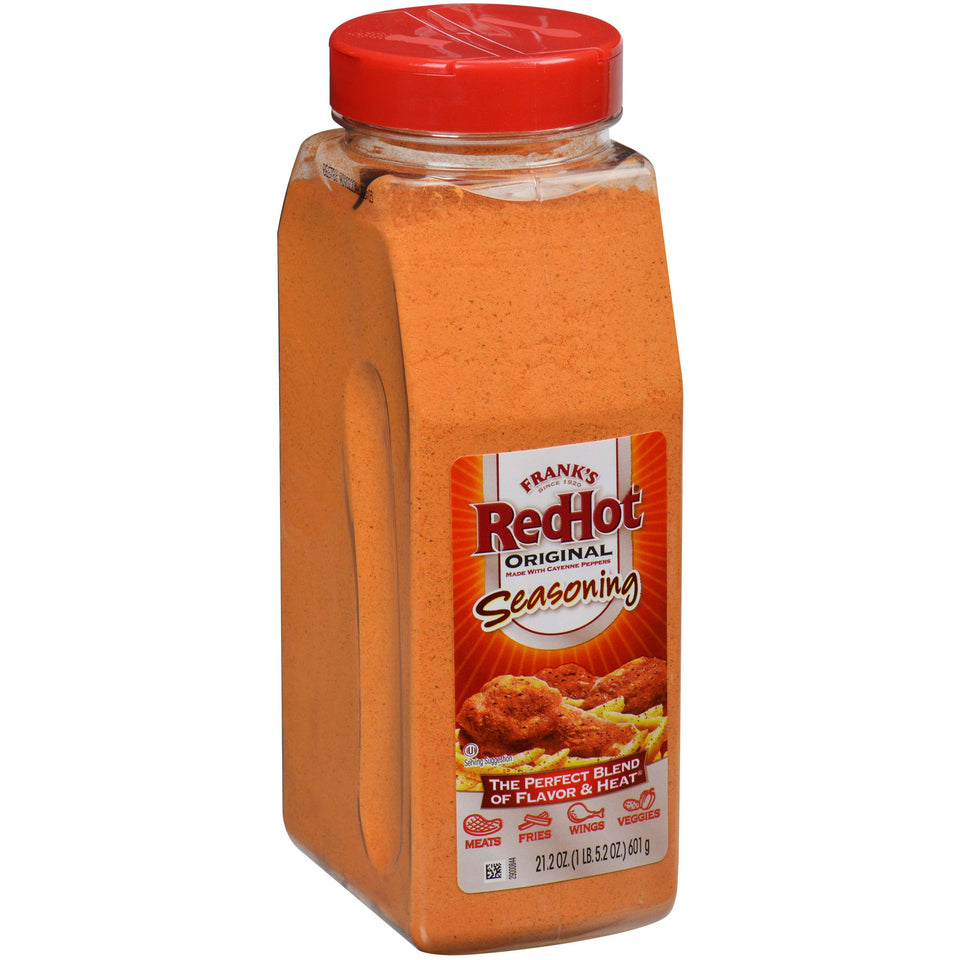 Franks RedHot Original Seasoning bottle close-up highlights bold Buffalo flavor.