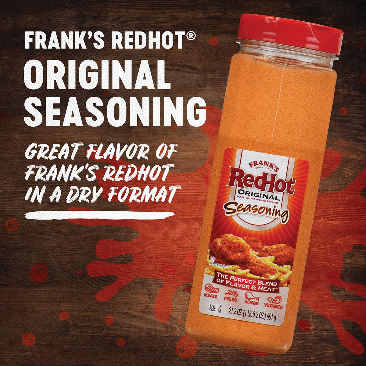 Franks RedHot Original Seasoning topping vegetables with zesty flavor.