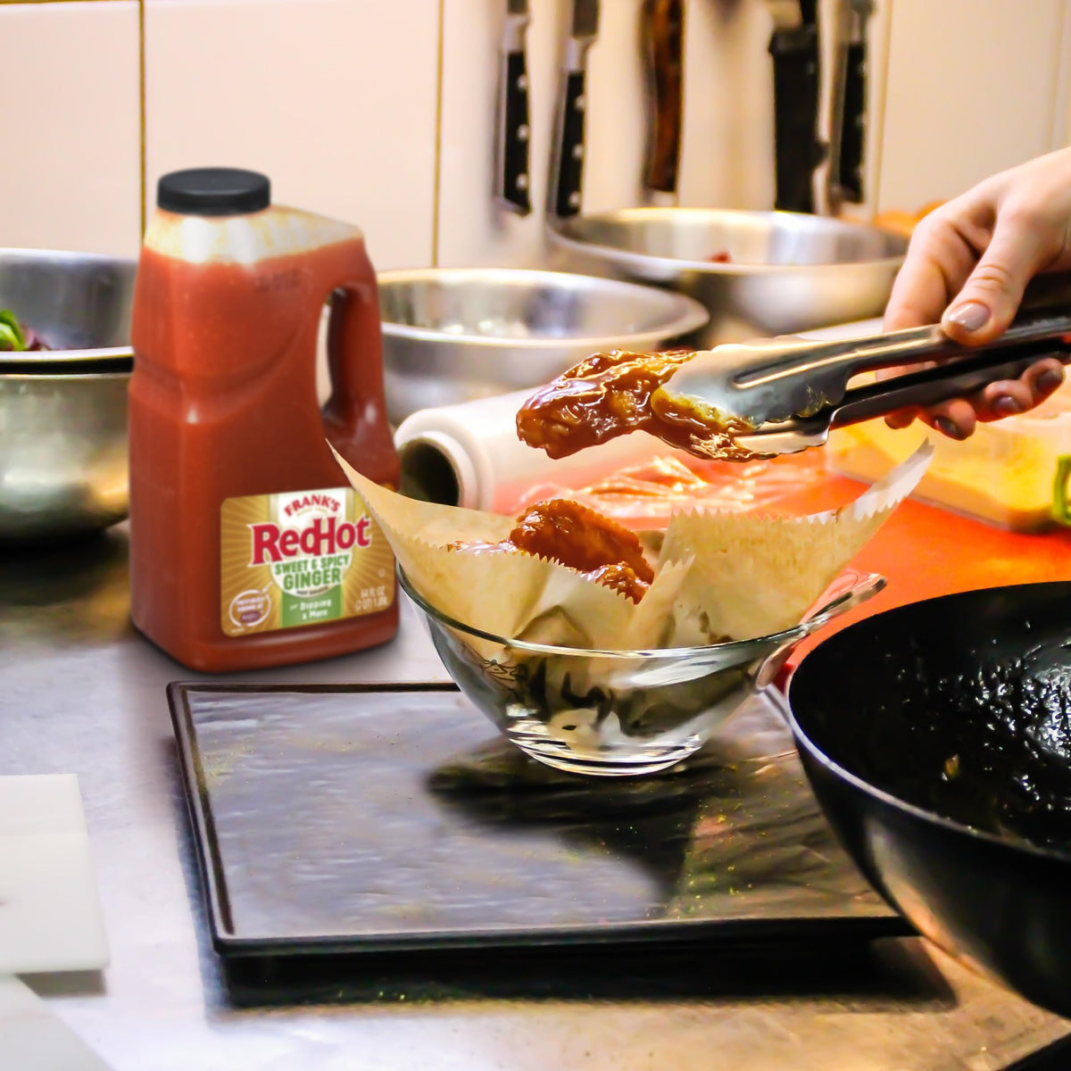 Franks RedHot sweet spicy ginger bottle pour ready for marinade