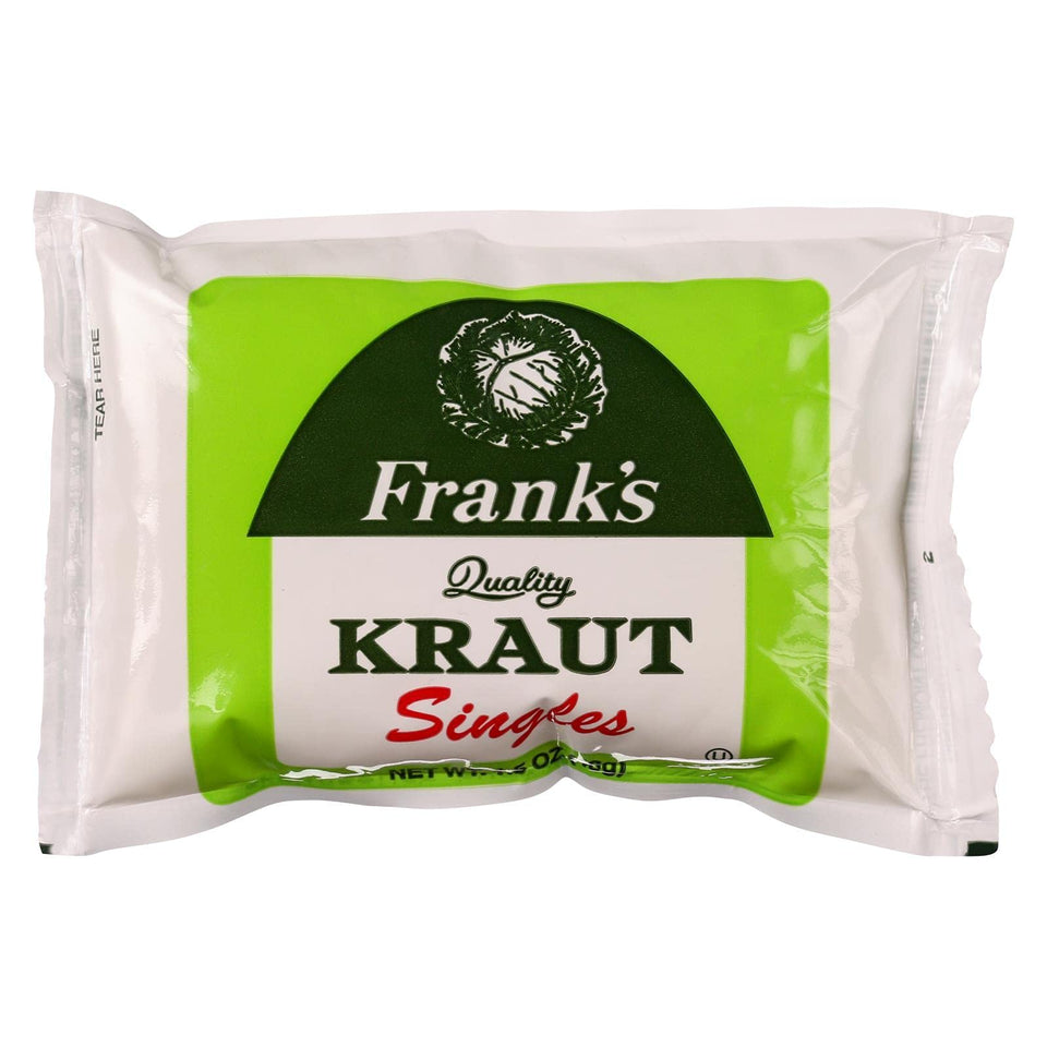 Frank's Sauerkraut Singles 18-pack with 1.5 oz portions, ideal for quick toppings and on-the-go meals.