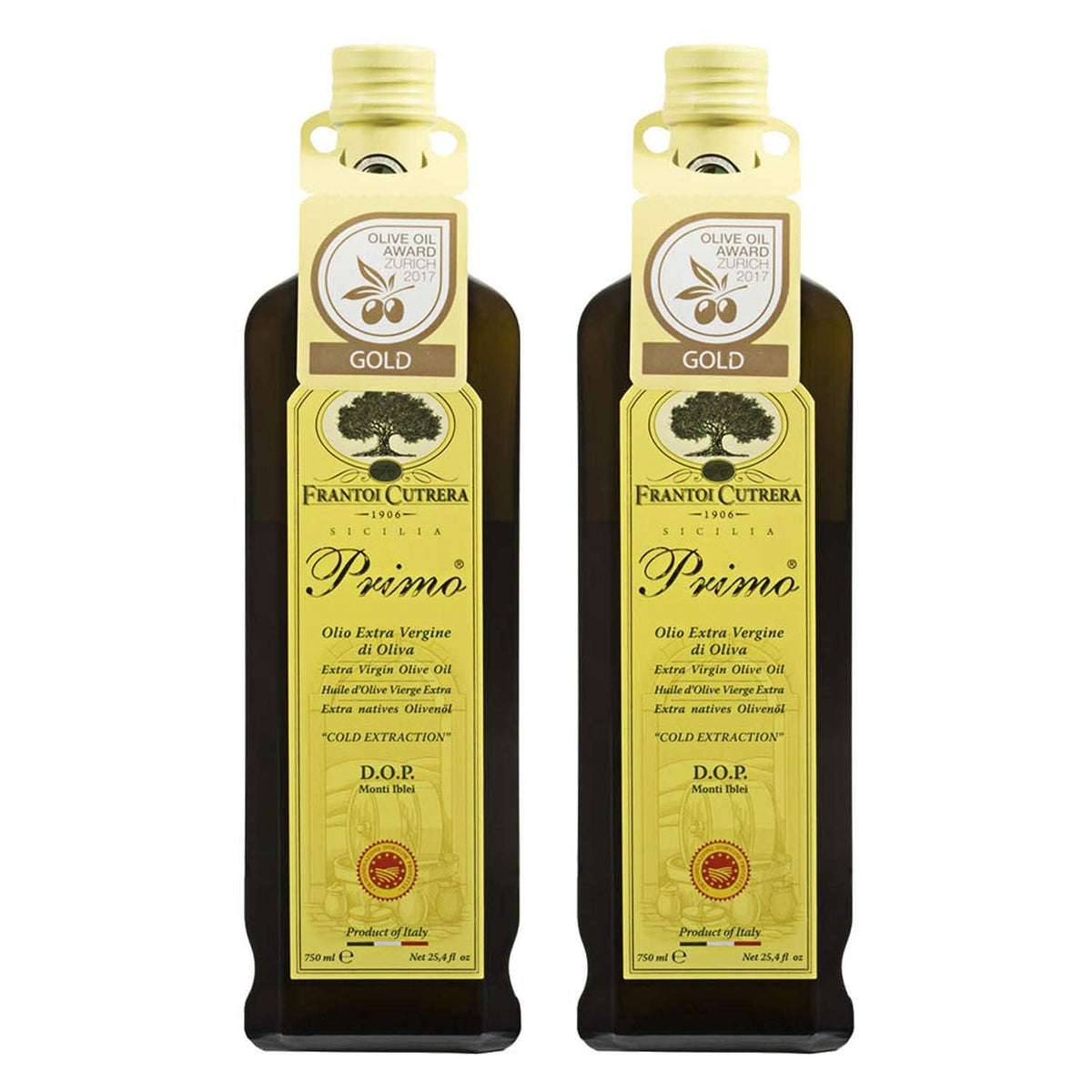 Frantoi Cutrera Primo bottle with green-gold reflections, ideal for finishing dishes.