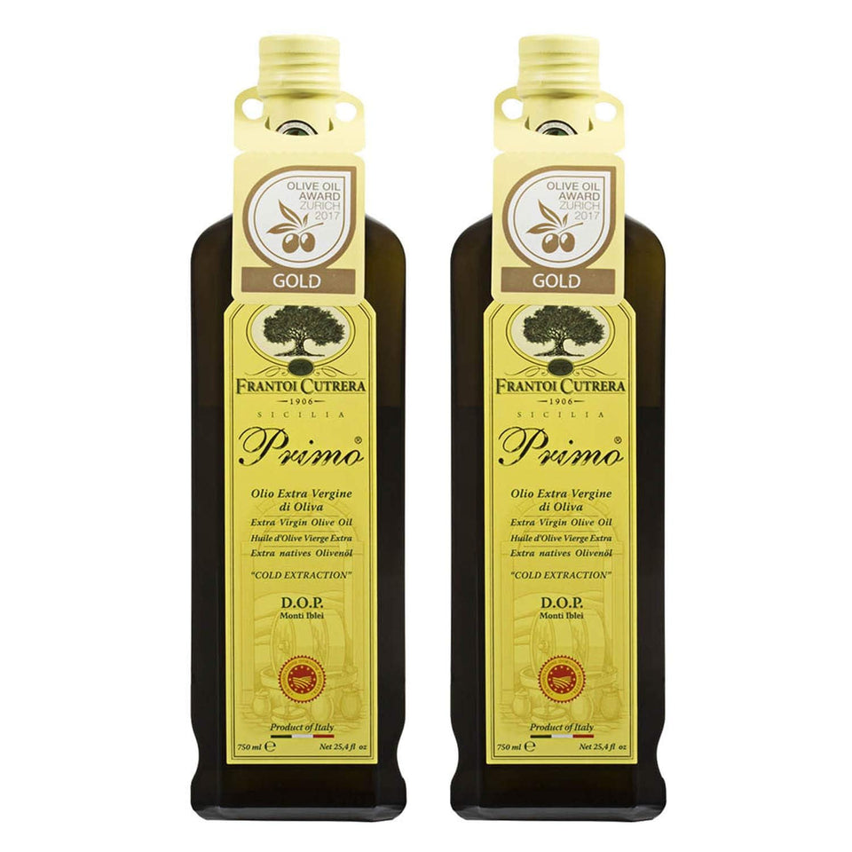 Frantoi Cutrera Primo bottle with green-gold reflections, ideal for finishing dishes.