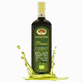 Frantoi Cutrera Primo bottle pouring rich Sicilian EVOO for everyday cooking, enhancing flavor