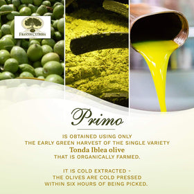 Frantoi Cutrera Primo bottle with olive branches; evokes fresh harvest and premium taste.