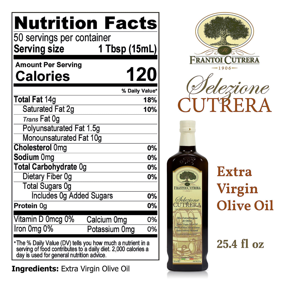 Frantoi Cutrera Selezione bottle highlights fruity aroma with green tomato and herbs