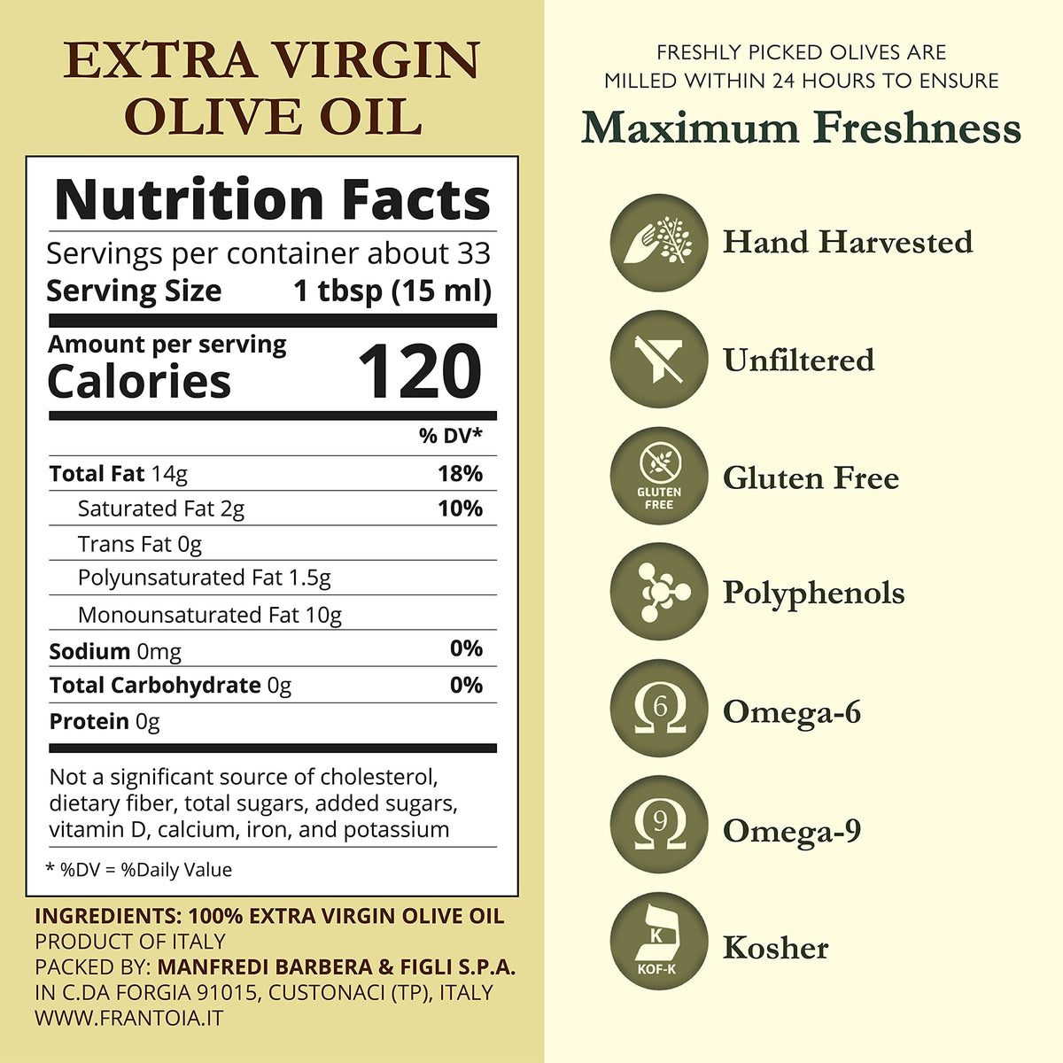 Frantoia EVOO label closeup highlighting Biancolilla, Nocellara del Belice, and Cerasuola blend.