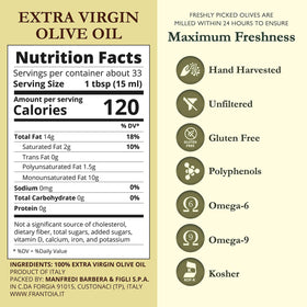 Frantoia EVOO label closeup highlighting Biancolilla, Nocellara del Belice, and Cerasuola blend.