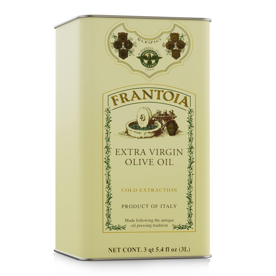 Frantoia extra virgin olive oil 1014fl-oz tin bottle front view, premium Sicilian flavor.