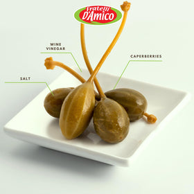 FRATELLI D'AMICO caperberries jar on kitchen counter, ready for recipes
