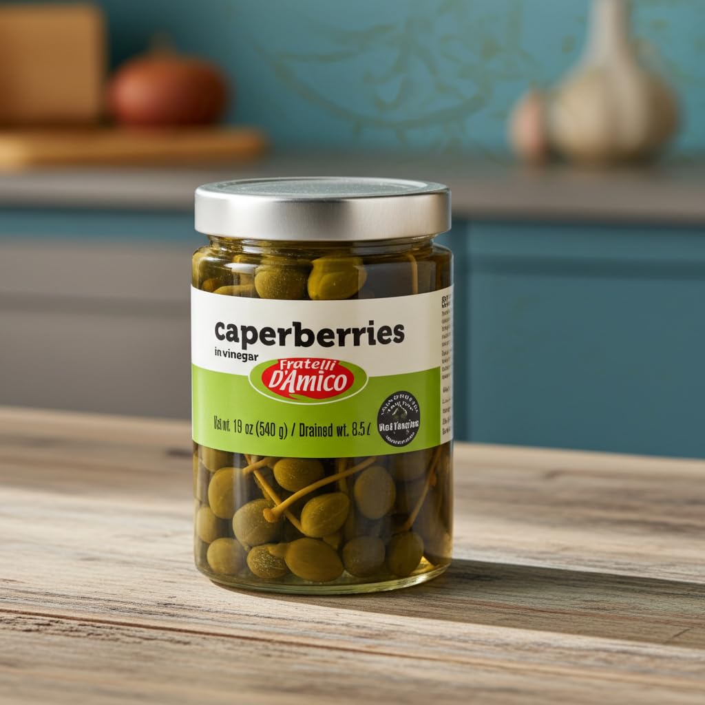 FRATELLI D'AMICO caperberries label shows Italy origin and vegan, non-GMO quality