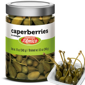 FRATELLI D'AMICO caperberries in a jar front view, ideal garnish for salads