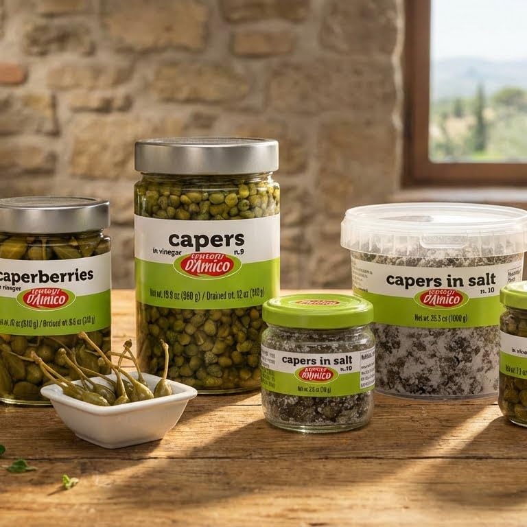 FRATELLI D'AMICO caperberries in a dish with olives, oil, and herbs