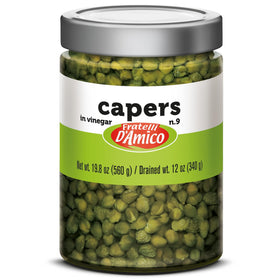 FRATELLI D'AMICO capers in brine jar showing authentic Italian flavor for Mediterranean dishes.