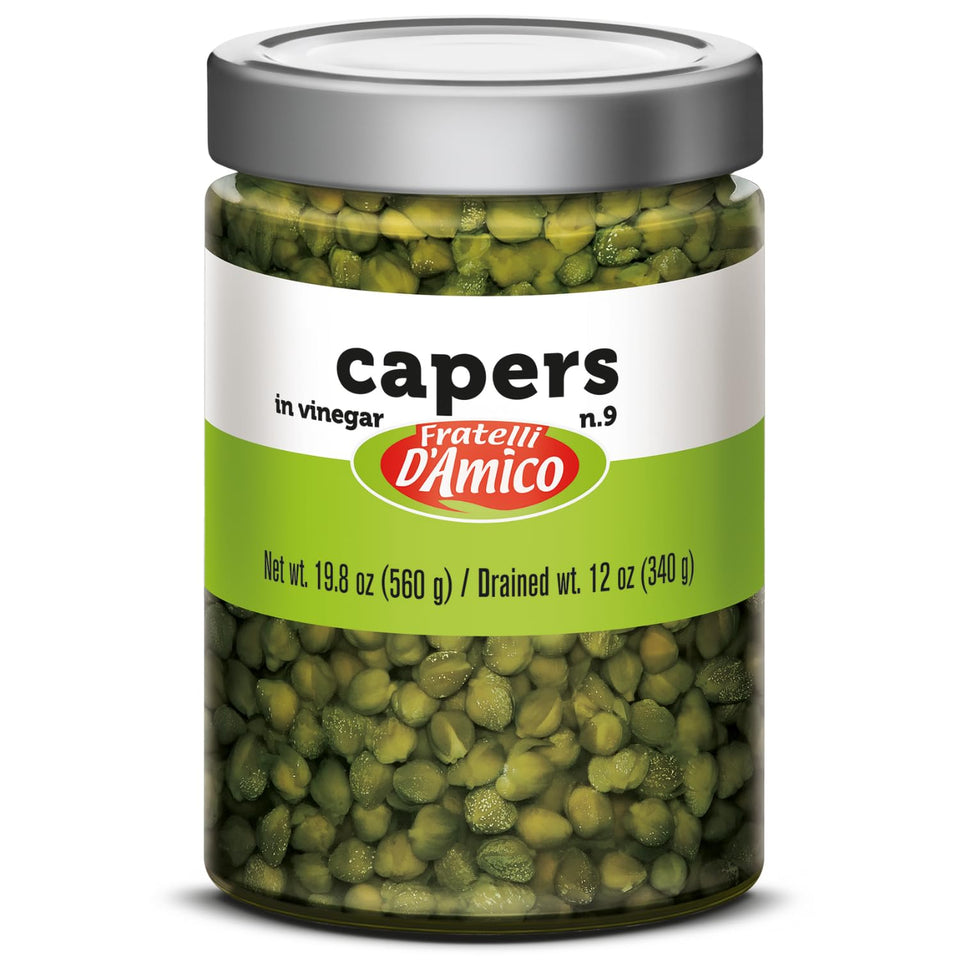 FRATELLI D'AMICO capers in brine jar showing authentic Italian flavor for Mediterranean dishes.