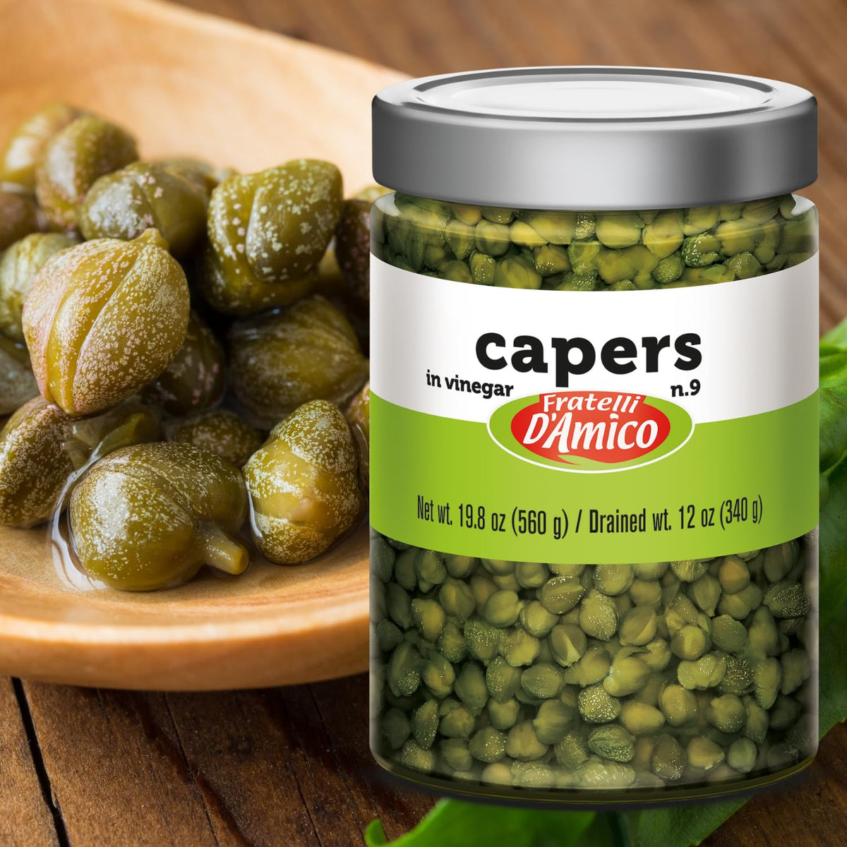 FRATELLI D'AMICO capers jar pour ready to add depth to salads.