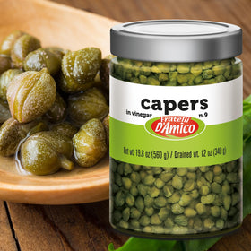 FRATELLI D'AMICO capers jar pour ready to add depth to salads.