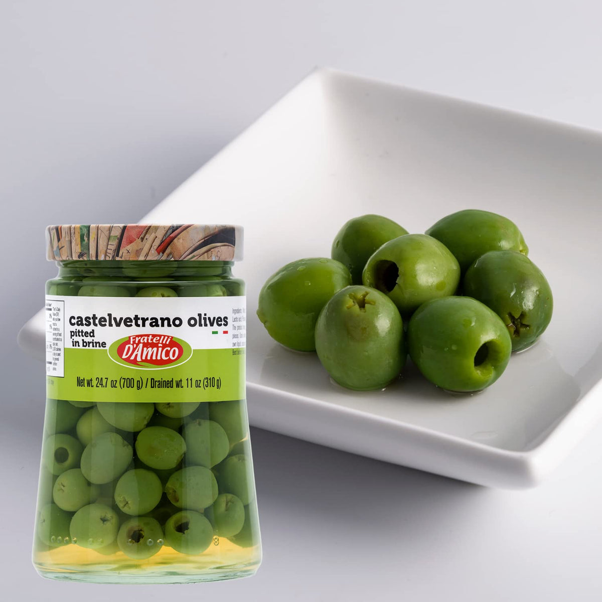Fratelli D'Amico olives glossy green surface emphasizes freshness and quality