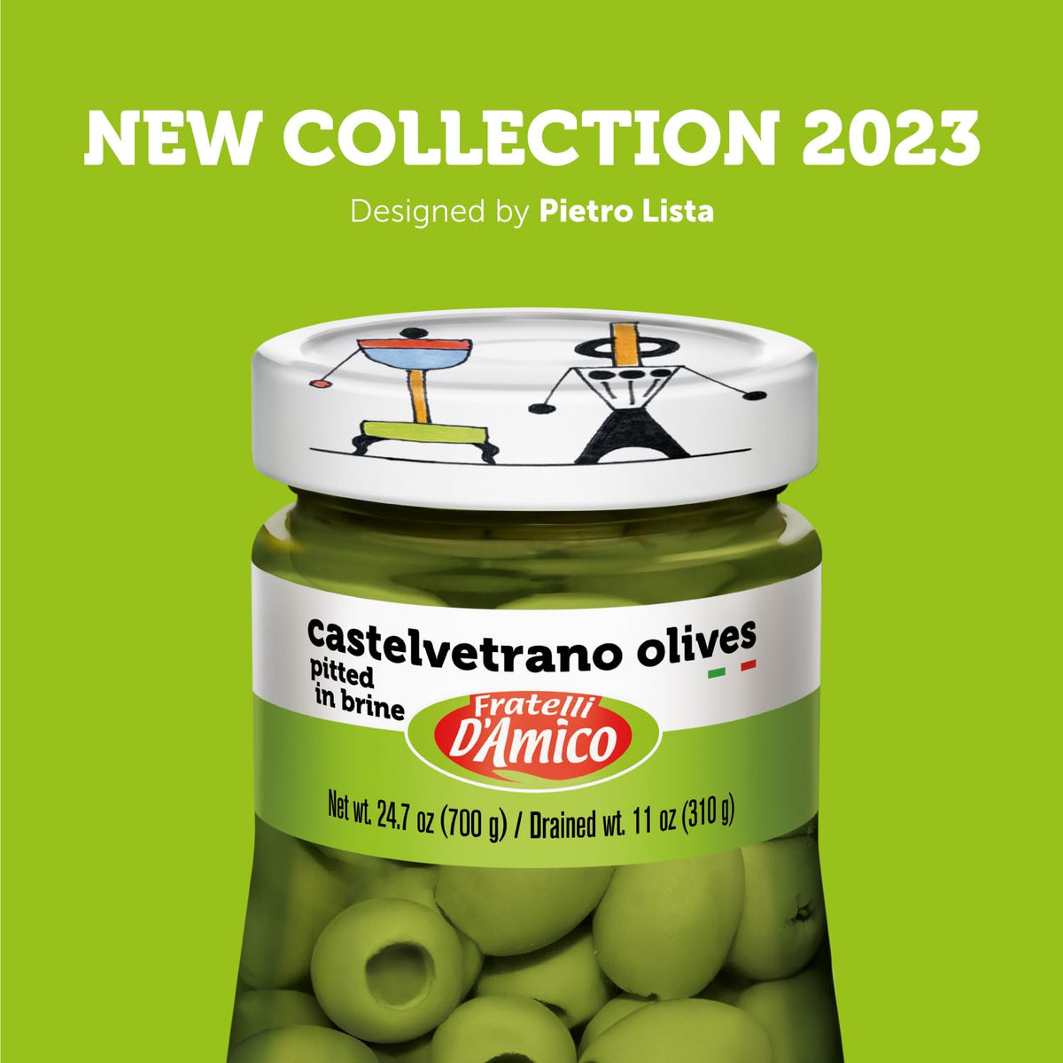 Fratelli D'Amico olives in jar back reveals label and natural ingredients, ideal pantry staple