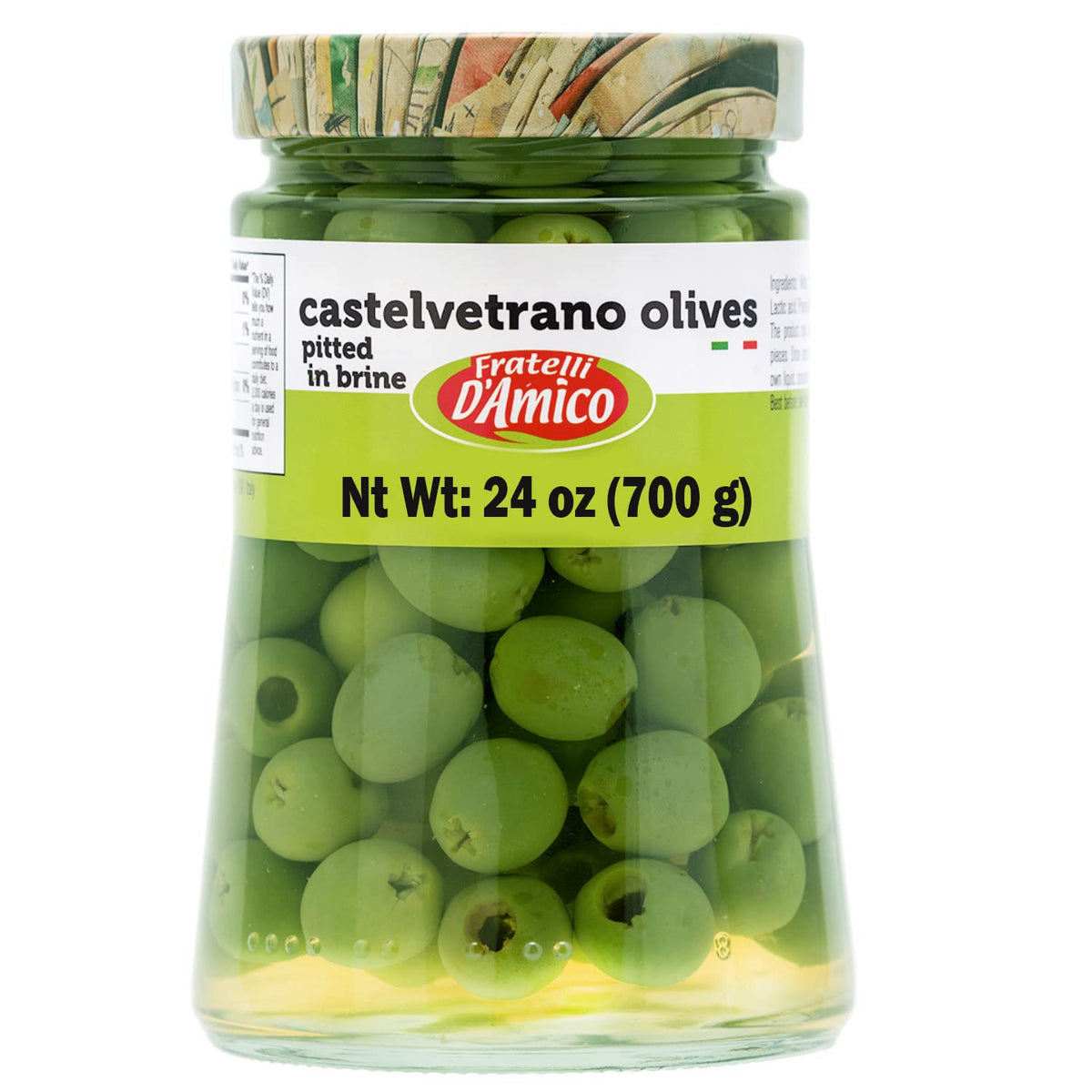 Fratelli D'Amico Castelvetrano olives jar front displaying premium Italian quality great for antipasti