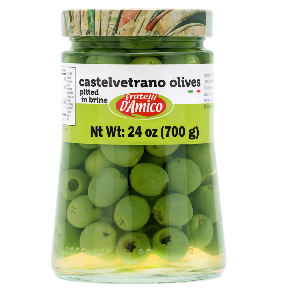 Fratelli D'Amico Castelvetrano olives jar front displaying premium Italian quality great for antipasti